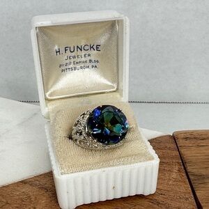 Estate Glass Rainbow Blue Topaz Ring Ornate 925 Sterling Sz 7.25 8g lot D47